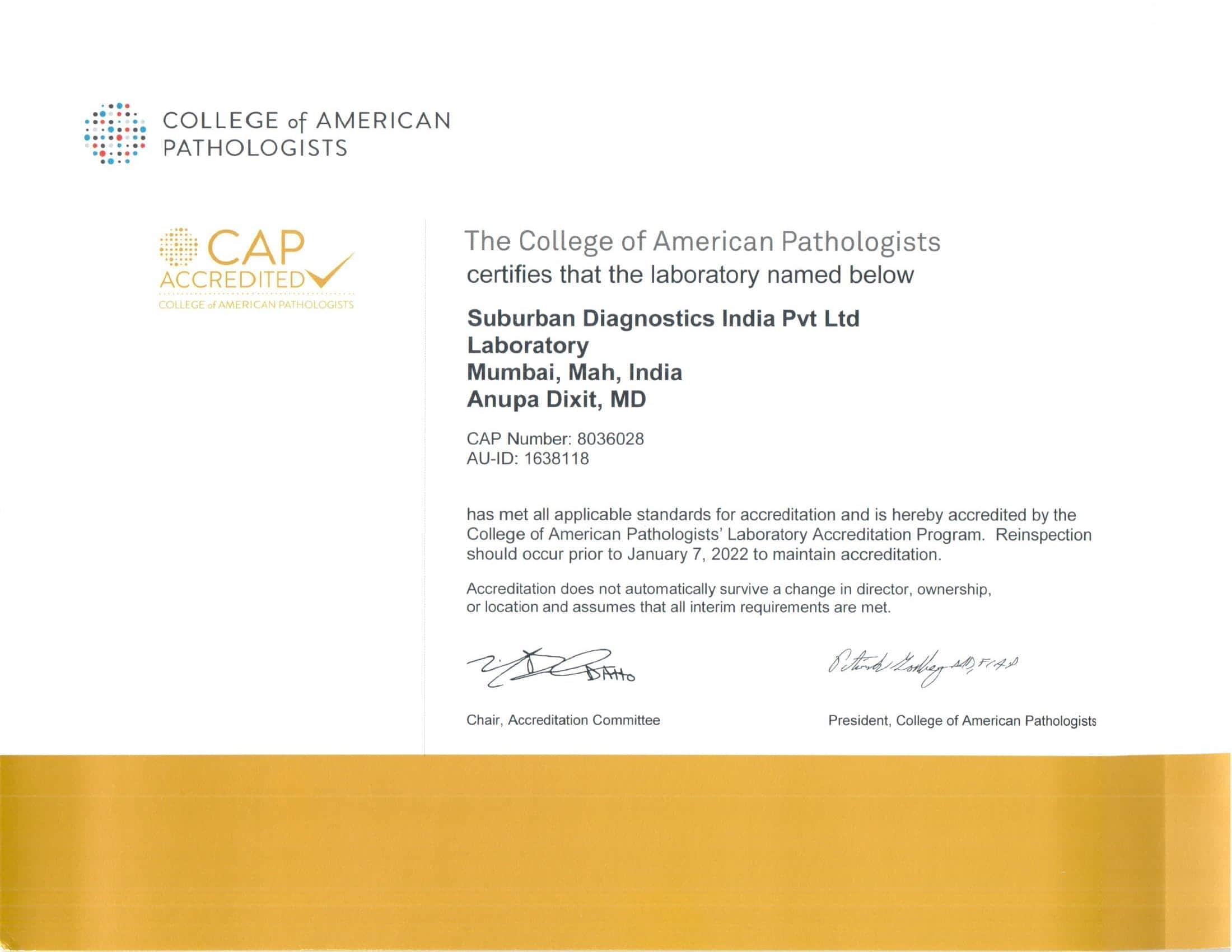 NABL CAP Certifications Suburban Diagnostics